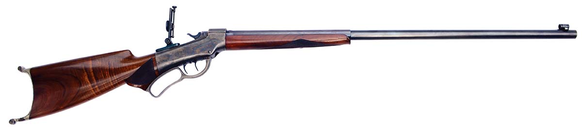 The Ballard Union Hill No. 8 target rifle is chambered in 32-20, fitted with a Marlin improved vernier mid-range tang sight and a non-windage adjustable globe front sight. The barrel is 30 inches long.